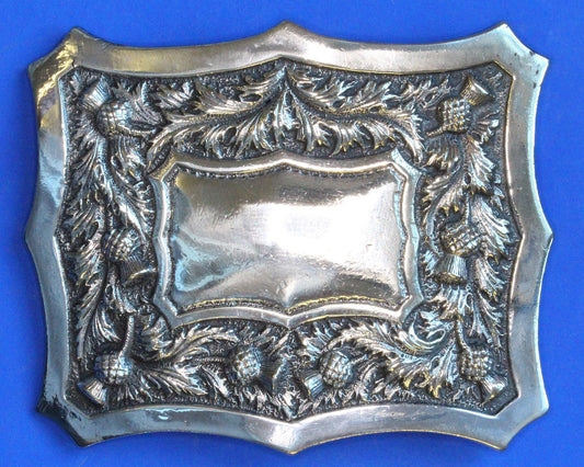 Vintage Chrome Plated Scottish Kilt Belt Buckle Embossed Thistle Design                        [10/26 35859]