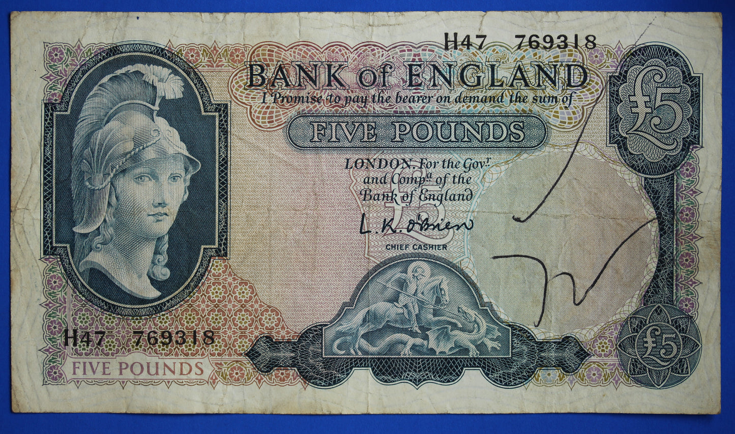 1957 Bank of England, BOE Five pounds, O'Brien, Prefix "B19" £5 banknote [10/23 23494]