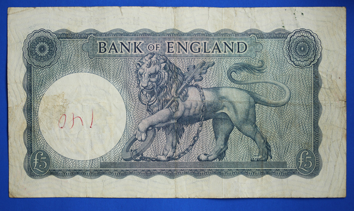 1957 Bank of England, BOE Five pounds, O'Brien, Prefix "B19" £5 banknote [10/23 23494]