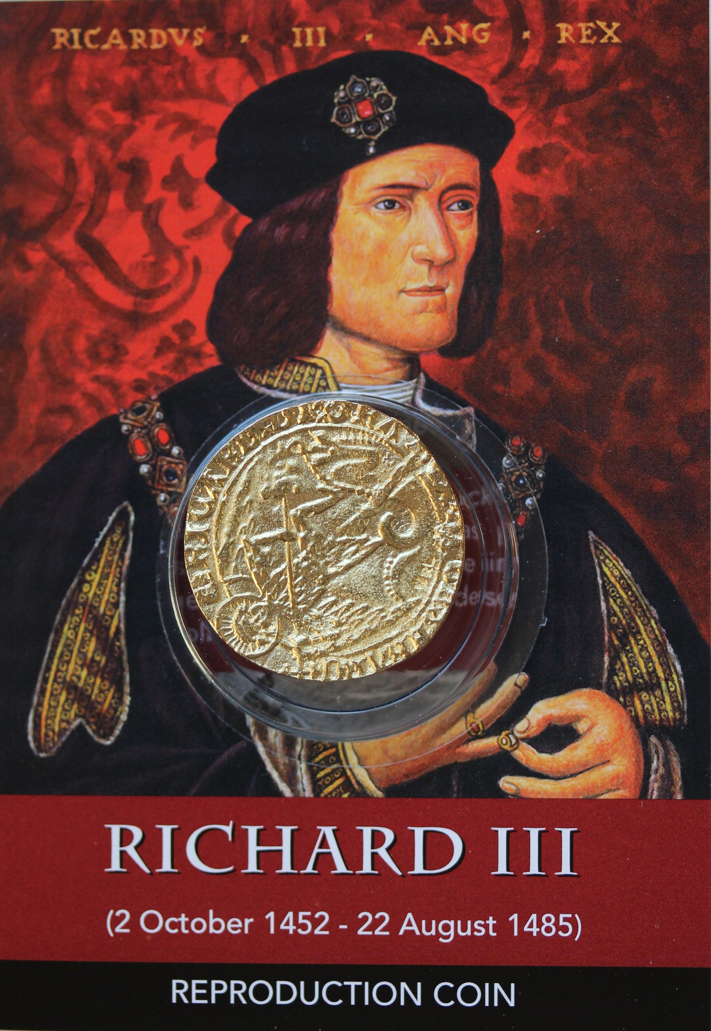 REPRODUCTION Medieval Coin Richard III gold plated ANGEL & Groat (4 pence) in information cards [R3-2C]