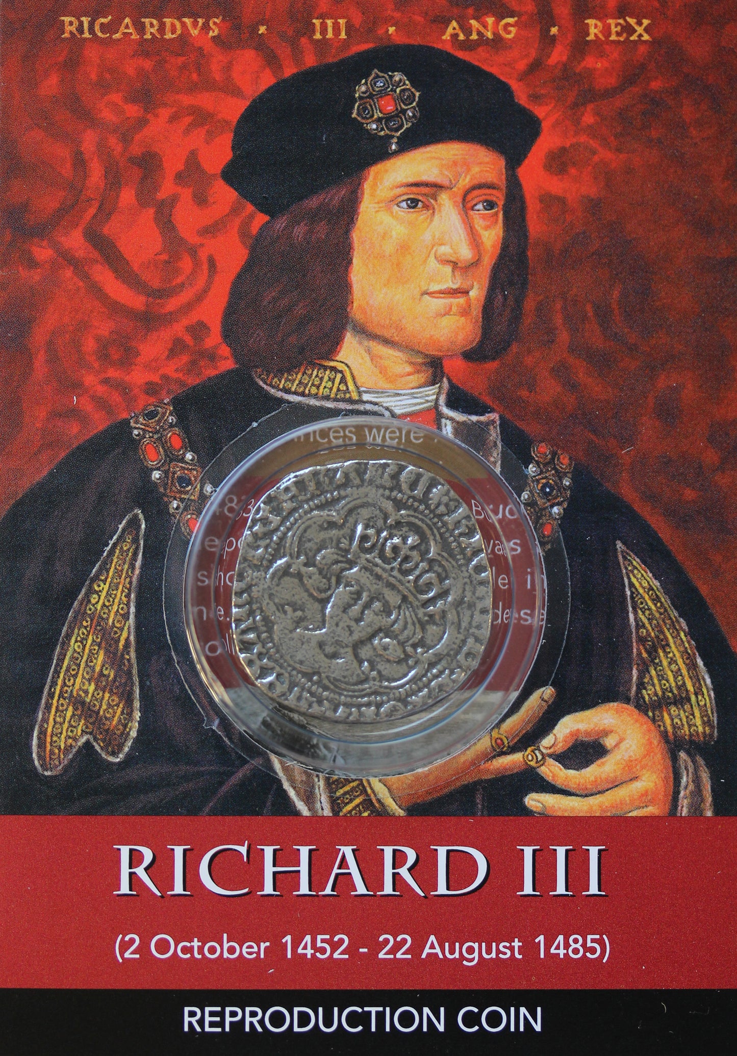 REPRODUCTION Medieval Coin Richard III gold plated ANGEL & Groat (4 pence) in information cards [R3-2C]