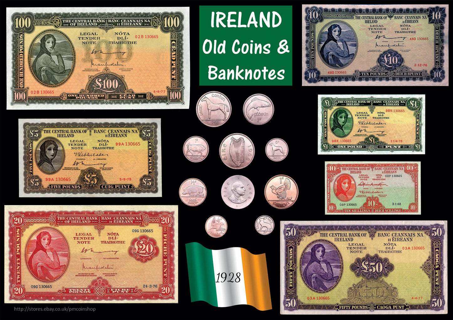 IRELAND Old Coins & Banknotes poster A3 (rolled) Irish EIRE Lady Lavery [IRECB]