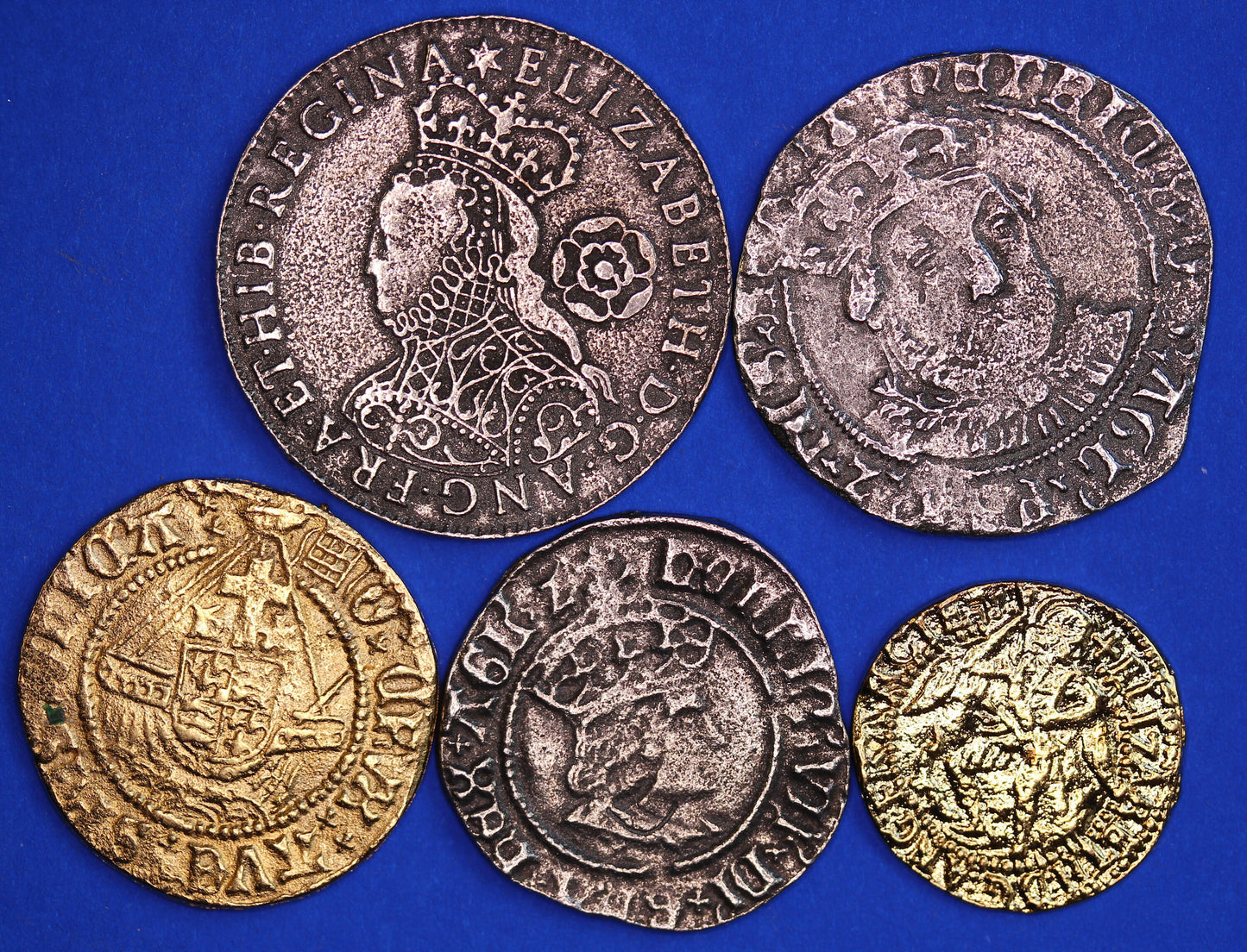 5 REPRODUCTION British Tudor coins - Henry VII Half Groat, Henry VIII Half-Angel + Groat, Elizabeth I Sixpence & Quarter Angel  [5TUD]