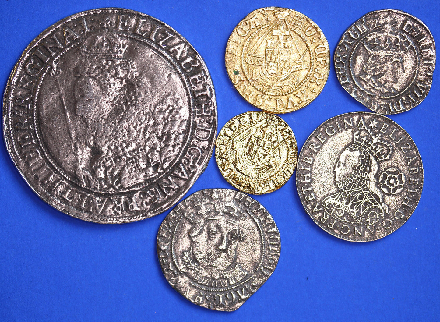 6 REPRODUCTION British Tudor coins - Henry VII Half Groat, Henry VIII Half-Angel + Groat, Elizabeth I Sixpence, Quarter Angel, Crown  [6TUD]