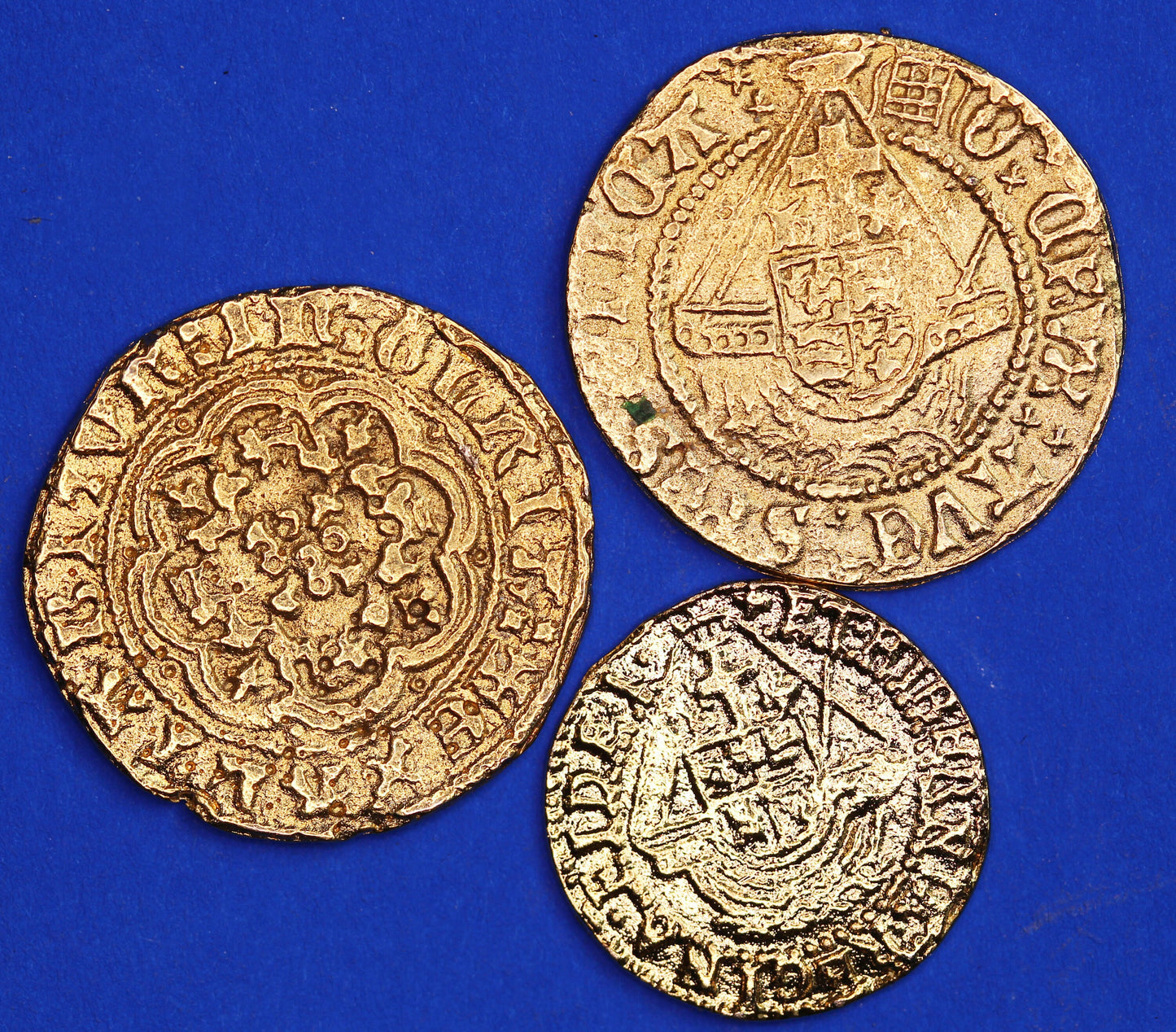 3 REPRODUCTION Gold Medieval & Tudor coins - Edward III quarter noble, Henry VIII half angel, Elizabeth I quarter angel [3GOLD]