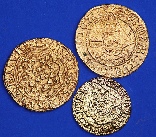 3 REPRODUCTION Gold Medieval & Tudor coins - Edward III quarter noble, Henry VIII half angel, Elizabeth I quarter angel [3GOLD]