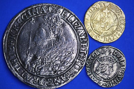 REPRODUCTION British Tudor coins - Henry VII Half Groat, Henry VIII gold plated Half-Angel, Elizabeth I Crown  [3TUD]