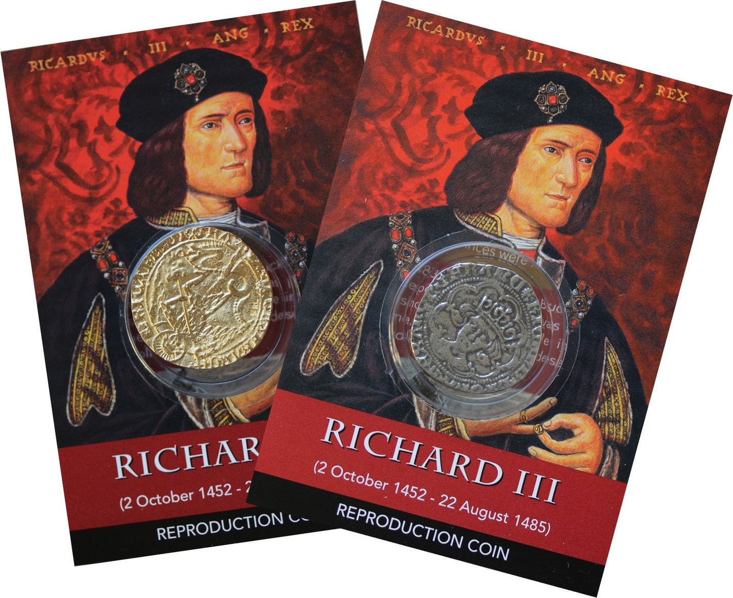 REPRODUCTION Medieval Coin Richard III gold plated ANGEL & Groat (4 pence) in information cards [R3-2C]