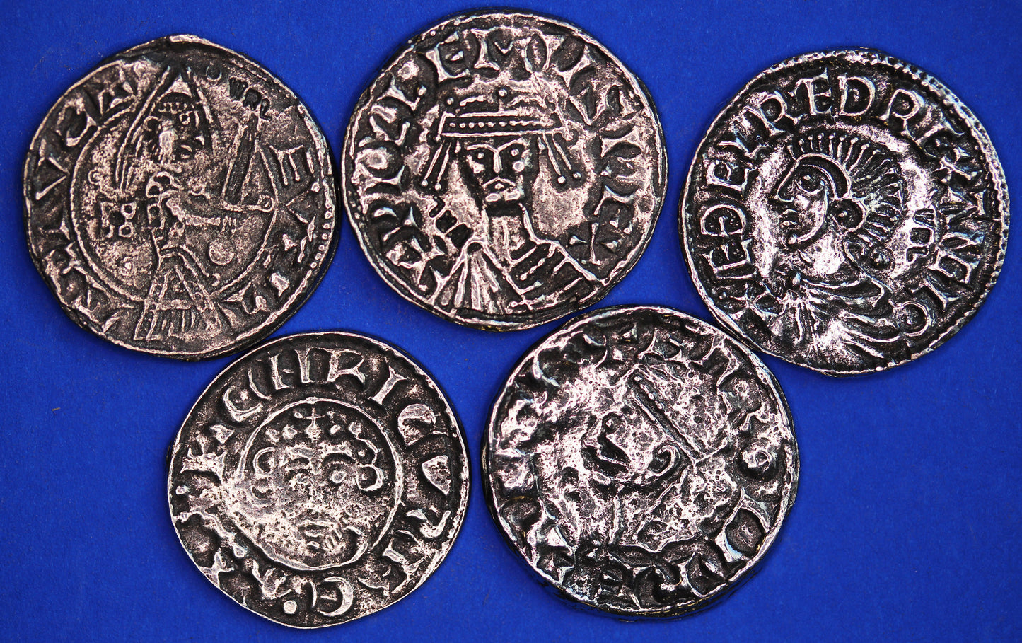 5 REPRODUCTION Saxon, Norman and Medieval hammered pennies, penny coins [Early1d]