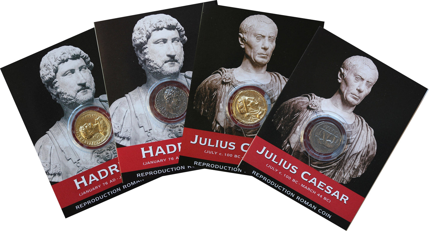 REPRODUCTION Roman coins, Caesar and Hadrian, Aureus and Denarius packs [CAHAD4]