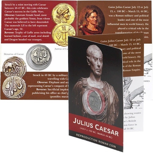 REPRODUCTION Roman coin, Julius Ceasar Denarius in information pack  [SRCP1P]